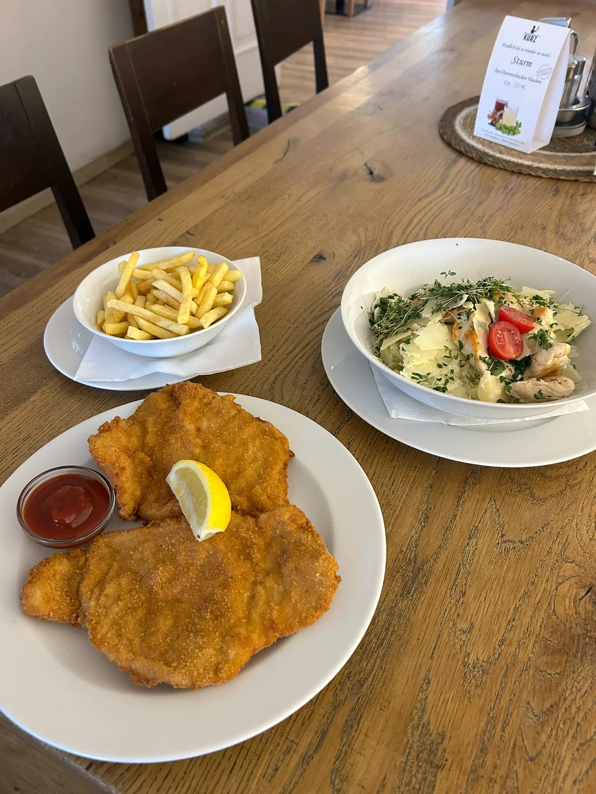Schnitzel mit Pommes und Salat im Mittelpunkt Mistelbach